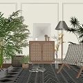 Wooden Dresser with Rattan Door in Living Room with Plants Woven Chair and Floor Lamp