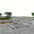 Commercial Street Outdoor Seating Area With Wooden Benches Green Plants And Stone Paved Floor