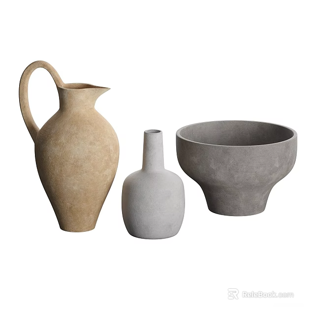 Minimalist Ceramic Vessels With Jug Vase and Bowl in Beige Gray 3d model 