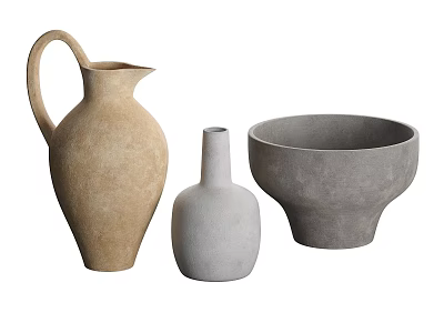 Minimalist Ceramic Vessels With Jug Vase and Bowl in Beige Gray 3d model