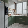 Modern Kitchen Interior With Green Cabinets Silver Refrigerator Marble Countertops And Window Blinds