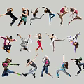 Group of people dancing in various dynamic poses against white background