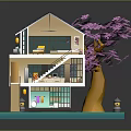 Cartoon Multi Level House With Blue Roof Pink Cherry Blossom Tree And Staircase