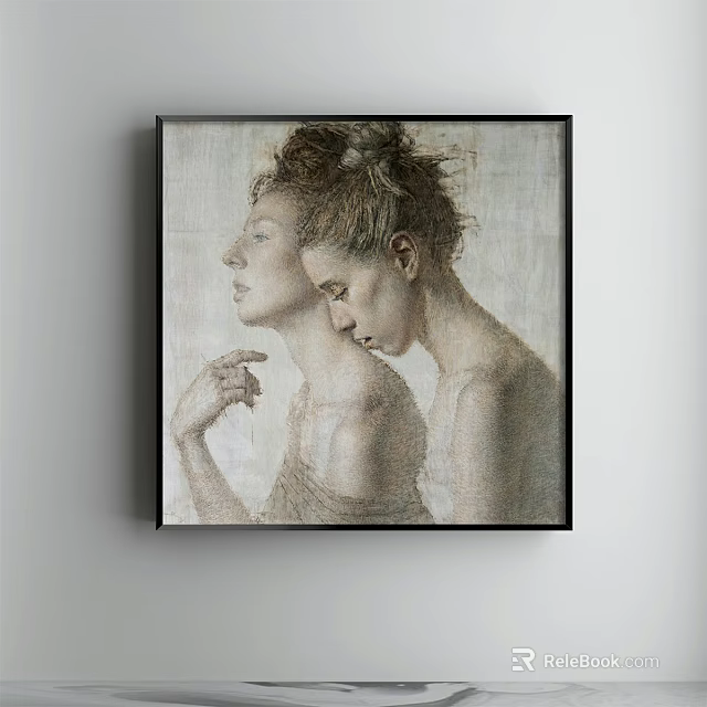 Portrait Painting Featuring Two Women with Updo Hairstyles in Intimate Pose Light Background Black Frame 3d model 