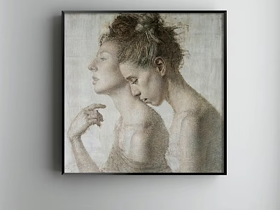 Portrait Painting Featuring Two Women with Updo Hairstyles in Intimate Pose Light Background Black Frame 3d model
