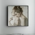 Portrait Painting Featuring Two Women with Updo Hairstyles in Intimate Pose Light Background Black Frame