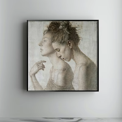 Portrait Painting Featuring Two Women with Updo Hairstyles in Intimate Pose Light Background Black Frame 3d model