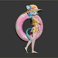Cat Eared Girl In Yellow Top Orange Shorts With Pink Inflatable Ring Blue Tail Splashes