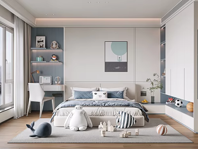 Kids Room Interior Design With Bed Pillows Stuffed Toys Building Blocks and Shelves Near Window 3d model