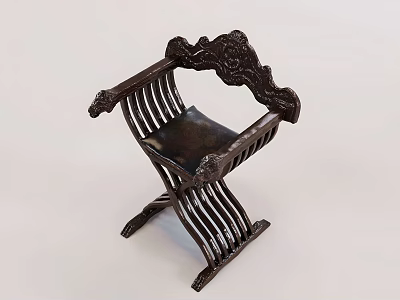 Vintage Dark Wooden Leisure Chair With Carved Patterns And Black Seat 3d model