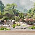 Stylish Courtyard Garden Design With Outdoor Sofa Dining Table Fire Pit And Lush Plants