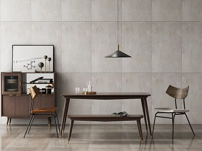 Modern Dark Brown Dining Table Set With Chairs Bench Light Tile Wall And Wooden Cabinet 3d model