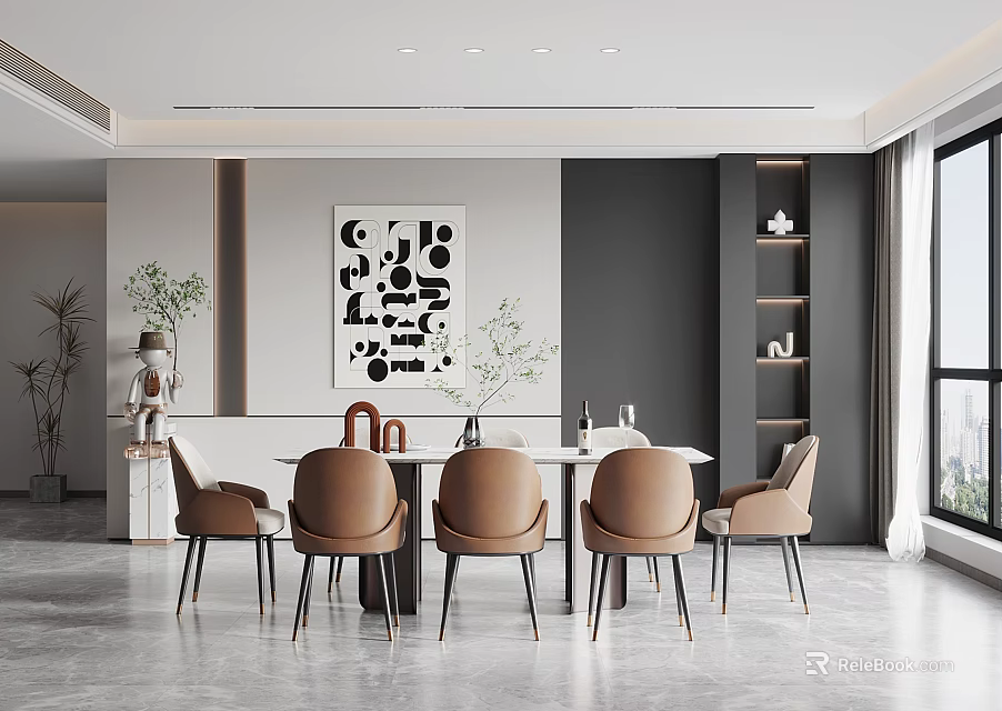 Modern Style Restaurant With Round Table Brown Chairs Abstract Painting And Green Plants 3d model 