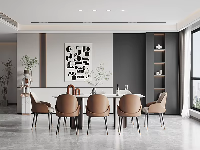 Modern Style Restaurant With Round Table Brown Chairs Abstract Painting And Green Plants 3d model