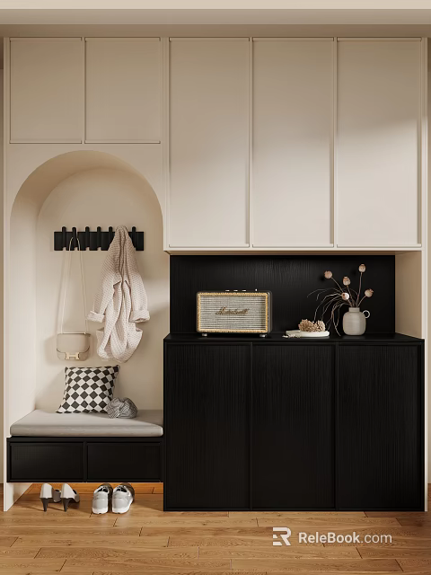 Modern Black Shoe Cabinet with Arched Niche Coat Hooks Bench Checkered Pillow and Radio Decor 3d model 
