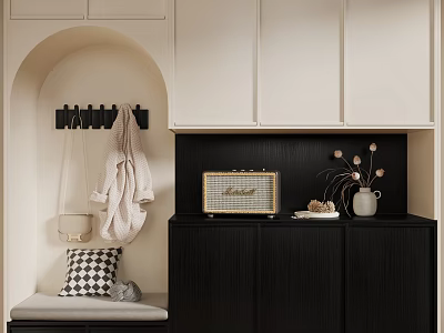 Modern Black Shoe Cabinet with Arched Niche Coat Hooks Bench Checkered Pillow and Radio Decor 3d model