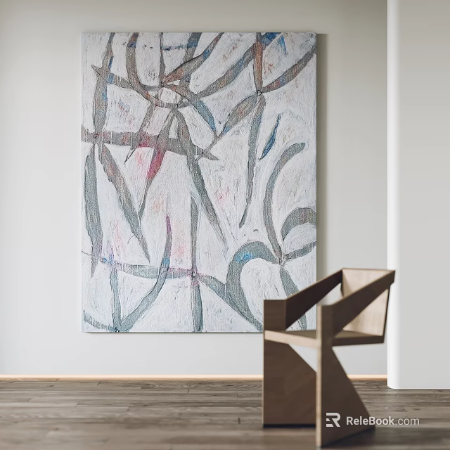 Abstract Painting on White Wall Featuring Colorful Lines and Modern Wooden Chair 3d model 