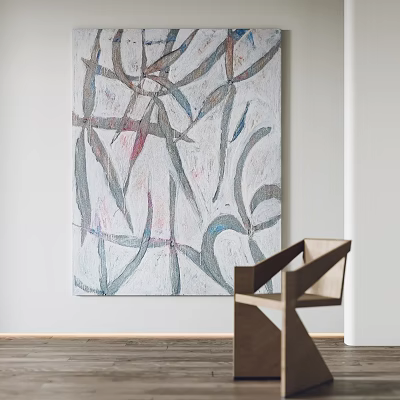 Abstract Painting on White Wall Featuring Colorful Lines and Modern Wooden Chair 3d model