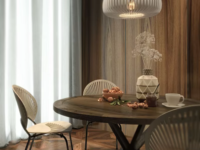Round Wooden Dining Table Set With Woven Chairs Pendant Light Wooden Wall And Curtains 3d model