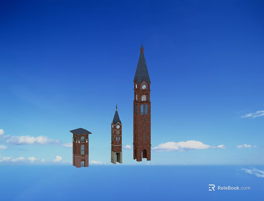 Three Scenic Red Brick Towers with Clocks in Different Heights Against Blue Sky 3d model 