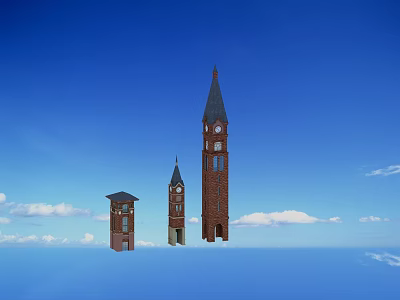 Three Scenic Red Brick Towers with Clocks in Different Heights Against Blue Sky 3d model