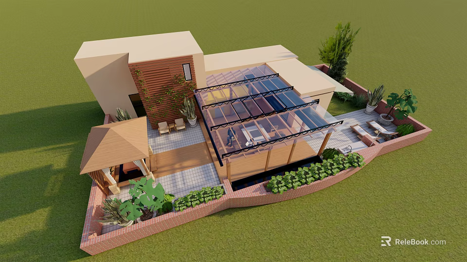 Roof Garden Design With Glass Structure Outdoor Seating And Green Plants 3d model 
