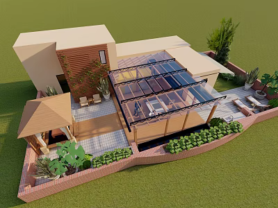 Roof Garden Design With Glass Structure Outdoor Seating And Green Plants 3d model