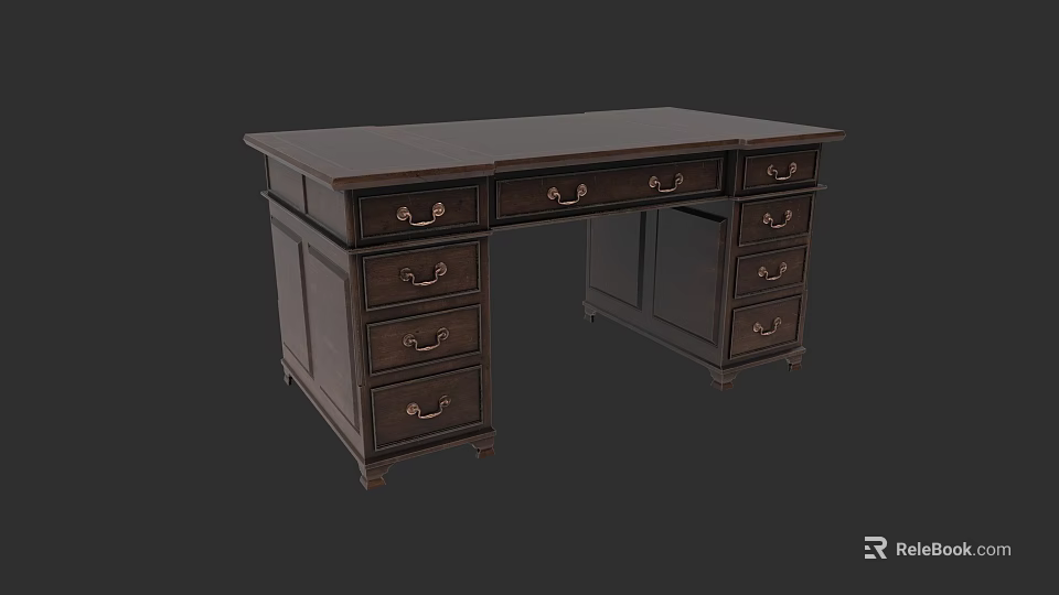 Traditional Dark Wood Office Desk With Multiple Drawers And Cabinet Storage 3d model 