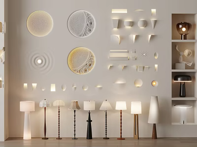 Diverse Design Floor Lamps With Circular Wall Decor Lights And Shelf Display Lamps 3d model