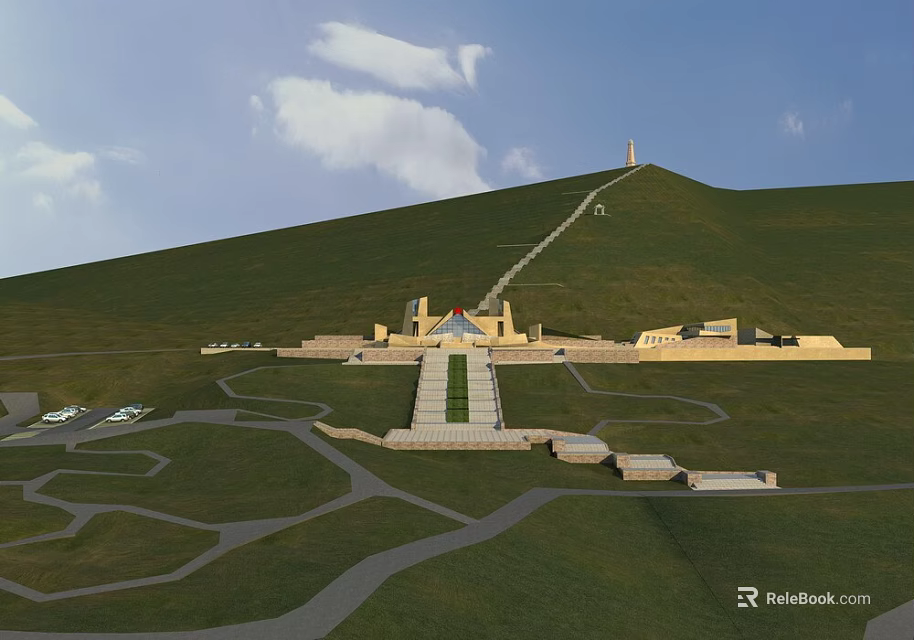Green Hill With Long Steps Leading To Top Monument Foot Buildings Paths And Lawns 3d model 