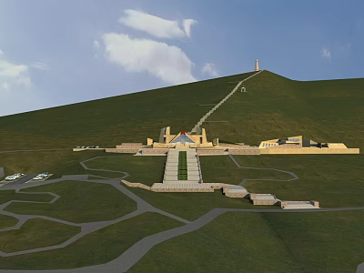 Green Hill With Long Steps Leading To Top Monument Foot Buildings Paths And Lawns 3d model