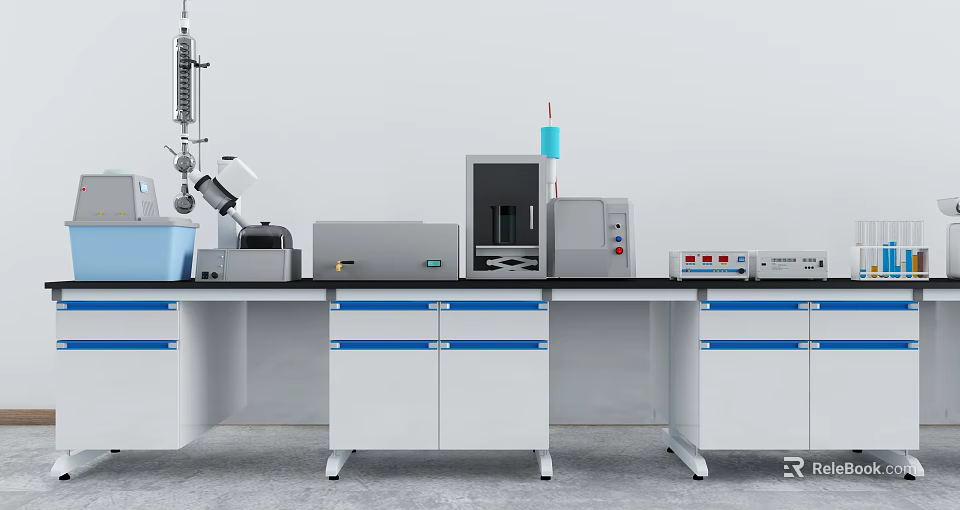 Laboratory Workbench Setup With Scientific Instruments And Storage Cabinets 3d model 