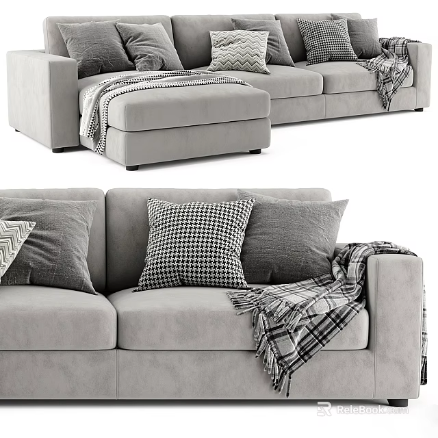 Modern Gray Sectional Sofa With Plush Pillows And Checkered Throw Blanket 3d model 