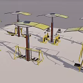 Outdoor Fitness Space With Yellow Exercise Equipment And Canopies For People Working Out