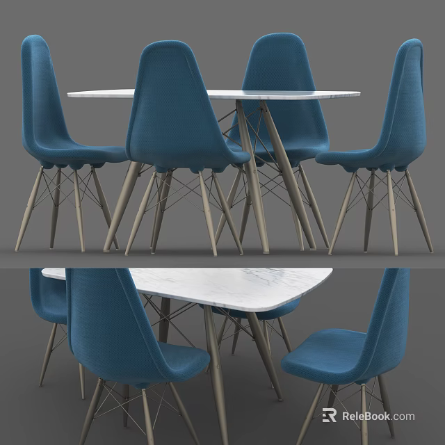 Modern Dining Table With White Marble Top And Blue Upholstered Chairs 3d model