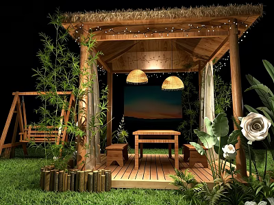 Decorative Lights In Outdoor Gazebo With Thatched Roof Swing And Green Plants 3d model