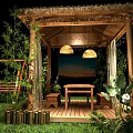 Decorative Lights In Outdoor Gazebo With Thatched Roof Swing And Green Plants