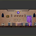 Indoor Scenery With Wooden Floors Arched Windows Purple Curtains Bar Counter And Green Tables