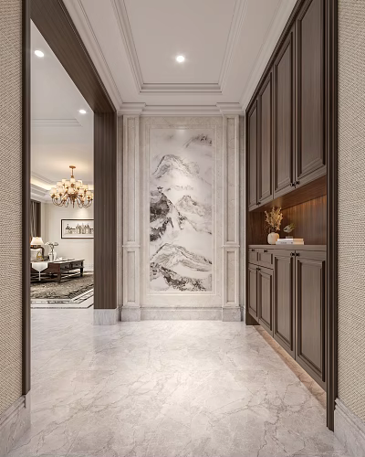 Classic Foyer Design With Chinese Landscape Painting And Dark Cabinets 3d model