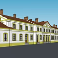 Classical White Row Office Building With Brown Roof And Multiple Windows