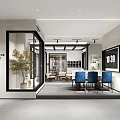 Modern Minimalist Interior With Gray Walls Glass Cabinets Black Table Blue Chairs And Rabbit Sculpture