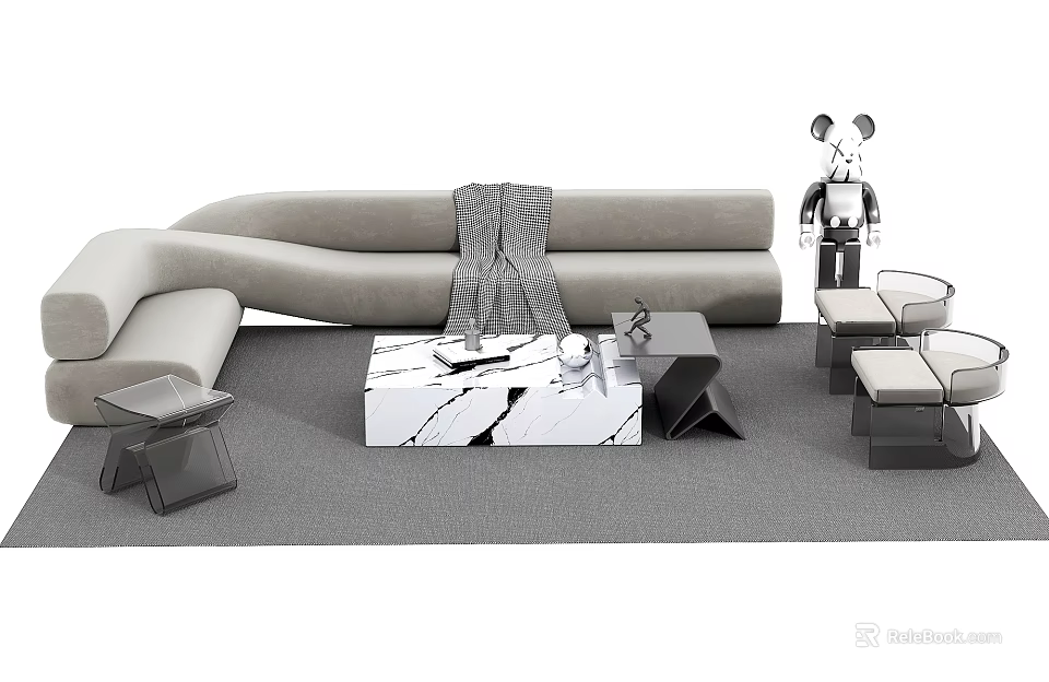 Modern Curved Gray Sofa And Coffee Table Set With Marble Top And Decorative Stools 3d model