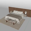 Modern Double Bed With Wooden Headboard Nightstands Table Lamp Bench And Rug