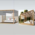 Modern Outdoor Landscape Seating With Wooden Pergola White Cushions And Greenery