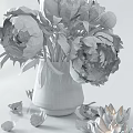 Pink And White Peonies In Transparent Glass Vase With Scattered Petals And Lotus Candles