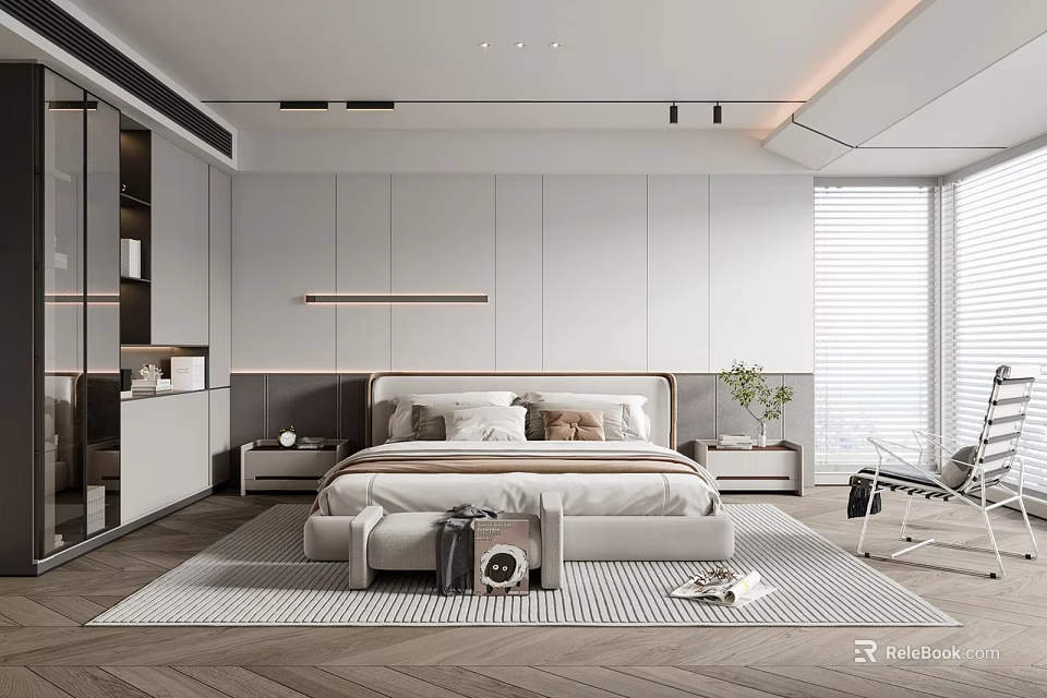 Modern Bedroom Interior Design With Platform Bed Nightstands Patterned Rug And Large Window 3d model