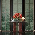 Entryway Console Table with Red Flower Bouquet Lamp Against Green Glass Screen and Black Doors