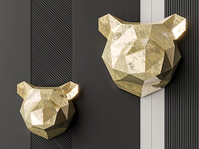 Two Gold Geometric Bear Head Wall Decor Pieces On Black And White Striped Wall 3d model