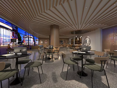 Modern Café Interior Design With Wooden Ceiling Large Windows And Comfortable Tables With Chairs 3d model