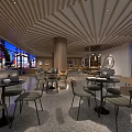 Modern Café Interior Design With Wooden Ceiling Large Windows And Comfortable Tables With Chairs
